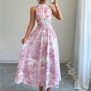 Pink Floral Halter Maxi Dress